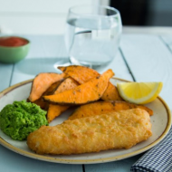 Cod Fillets, sweet potato wedges and crushed peas